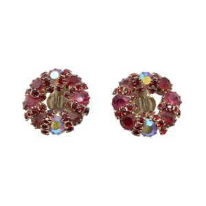 Vintage WEISS Red Aurora Borealis Wreath Round Silver Tone Clip On Earrings